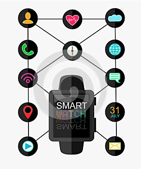 Smart Watch with Interface and App Icons Set. Concept Design . Vector Illustration. Flat Style.