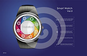 Smart watch main menu concept, blue background, vector illustration