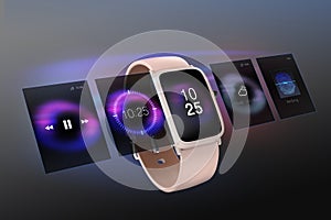 Smart watch with multi-layer interface layout on dark gray background