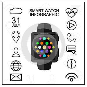 Smart Watch with Outline App Icons Set. Modern Design Concept. Vector Illustration. Flat Style.