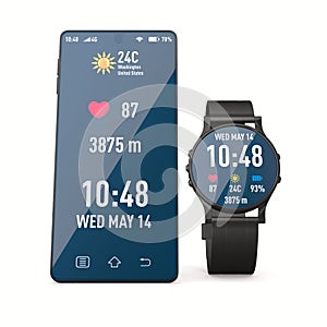 Smart watch and phone on white background. Isolated 3D illustration
