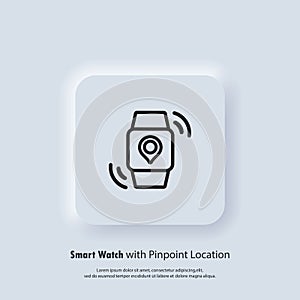 Smart Watch with Pinpoint Location. Transportation schedule mobile app notification night mode design. Arrival time on screen. GPS