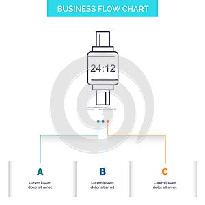 smart watch, smartwatch, watch, apple, android Business Flow Chart Design with 3 Steps. Line Icon For Presentation Background
