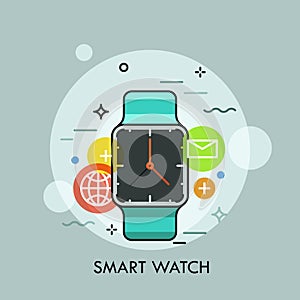 Smart watch surrounded by application icons. Concept of portable multifunctional electronic device and modern accessory.