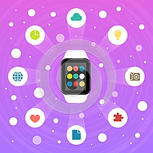 Smart Watch Vector Flat Design Icon with apps icons