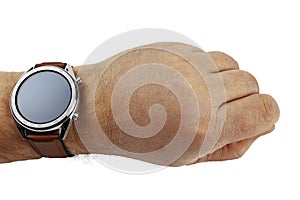 Smart watch worn on the hand, close-up on a white background. Isolate