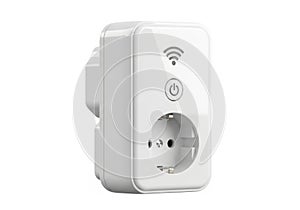 Smart wi fi enabled electrical outlet plug with power button and indicator lights isolated on white background