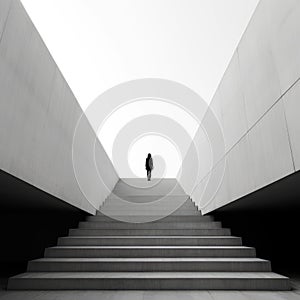 Smart woman ascending modern architectural stairs. Minimalist concept. AIG35.