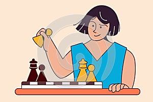 Smart woman chess player holds pawn in hand exposing queen. Royal Gambit. Chess game at table. Vector flat illustration. Banner,