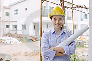 Smart woman engineer worker builder worker in construction site. Architect home project chief designer officer with building floor