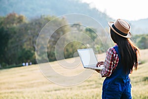 Smart Woman farmer looking barley field with laptop