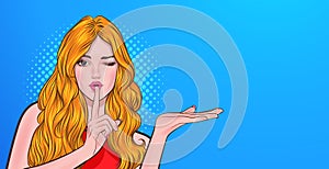 Smart woman with finger on lips silence gesture