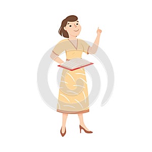 Smart Woman School Teacher or Educator with Open Schoolbook Vector Illustration