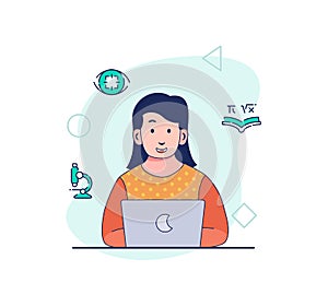 Smart woman working on laptop thinking focus research analysis learning education project in creative process with flat cartoon