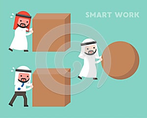 Smart work concept, Arab businessman rolling sphere rock while a