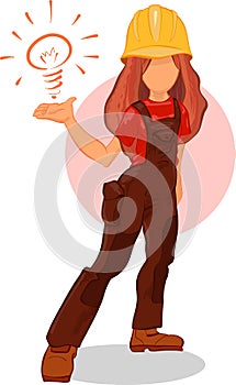 Smart worker girl idea cartoon character. Handywoman builder has an good idea photo