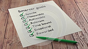 Smarter goals checklist ballpen and tick marks