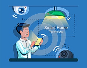 Smarthome techology. man control multi device using smartphone concept in cartoon illustration vector