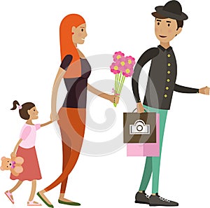 Smartly dressed family with girl child going to holiday vector icon isolated on white