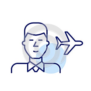 Smartly dressed man in shirt and tie and airplane silhouette. Business trip. Pixel perfect, editable stroke icon