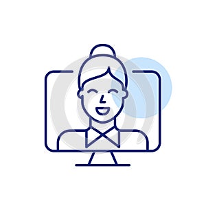 Smartly dressed woman with tie. Remote job interview through video call. Pixel perfect vector icon