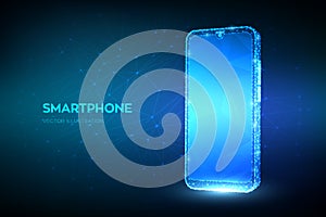 Smartphone. Abstract wireframe closeup mobile phone with blank empty screen. Touch screen display. Low poly geometric shapes.