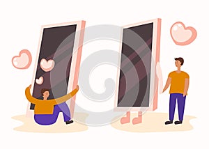 Smartphone addiction. Cartoon man hugging big smartphone. Man and mobile phone holding hands.