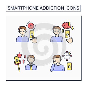 Smartphone addiction color icons set