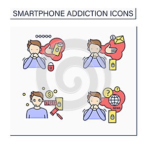 Smartphone addiction color icons set