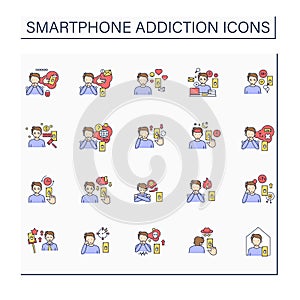 Smartphone addiction color icons set