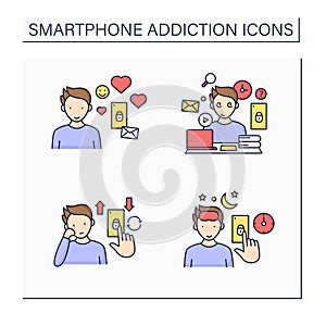 Smartphone addiction color icons set