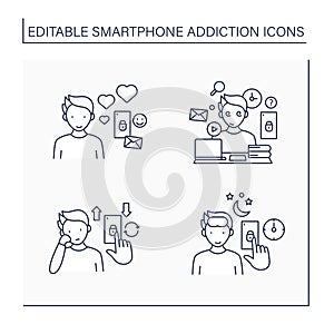 Smartphone addiction line icons set