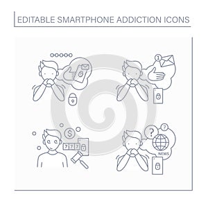 Smartphone addiction line icons set