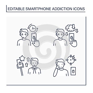 Smartphone addiction line icons set