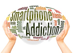 Smartphone addiction word cloud hand sphere concept