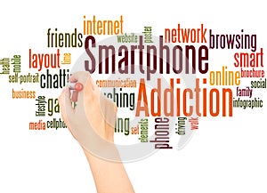 Smartphone addiction word cloud hand writing concept