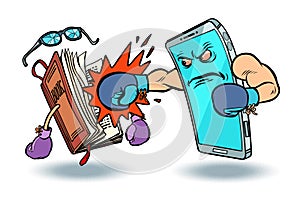 Smartphone against book. enmity of technology and culture concept