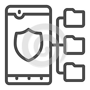 Smartphone with antivirus and folders line icon, web security concept, Data protection sign on white background