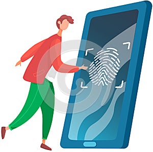 Smartphone app with fingerprint scanner on touch screen. Biometric data security. Data protection