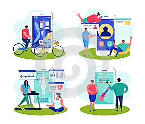 Smartphone app at mobile set, vector illustration. People character with flat phone concept, cartoon online application.