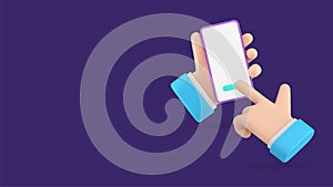 Smartphone application hand click button empty screen copy space menu 3d icon realistic vector