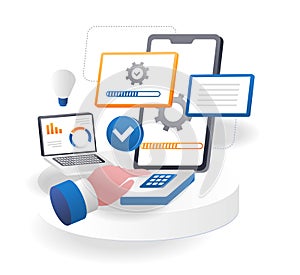 Smartphone application maintenance process isometric illustration