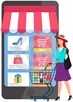 Smartphone application for shopping goods. Woman with grocery cart makes purchases via phone online
