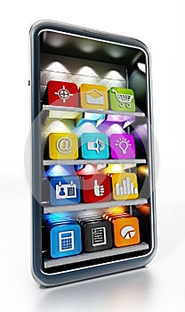 Smartphone with application softwares on the shelves. 3D illustration