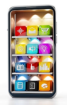 Smartphone with application softwares on the shelves. 3D illustration