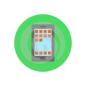 Smartphone with apps flat icon. Round colorful button, circular vector sign, logo illustration.