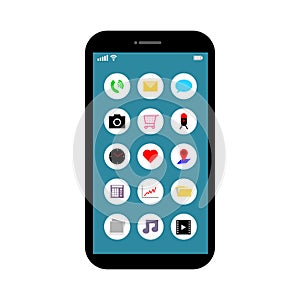 Smartphone with apps icons on screen display isolated on white background