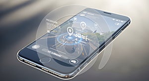 Smartphone with augmented reality navigation interface displaying a road map and location data