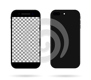 Smartphone in back and front. Phone mockup isolated on white background. Realistic black modern mobile. Blank screen in cellphone