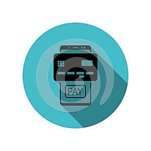 Smartphone, bank card, pay long shadow icon. Simple glyph, flat vector of mobile concept icons for ui and ux, website or mobile